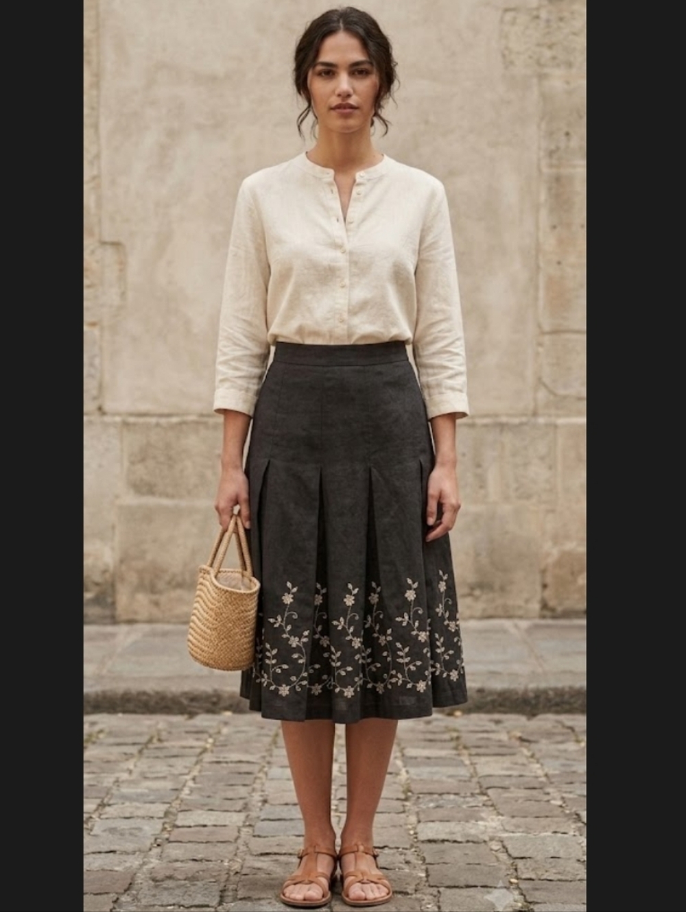 Sandro Sportswear Linen Blend Embroidered Floral Pleated Skirt Size 12